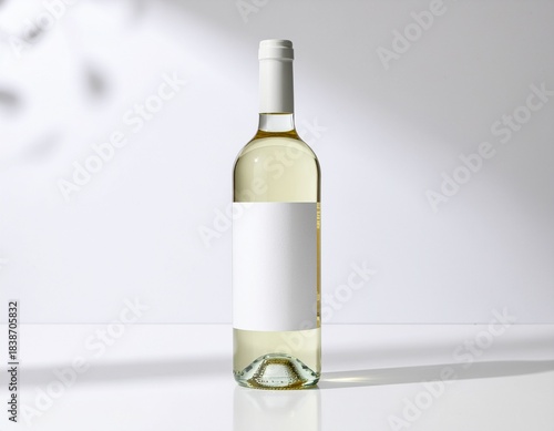 A clear glass bottle of white wine with a blank white label, standing on a reflective surface with soft shadows.