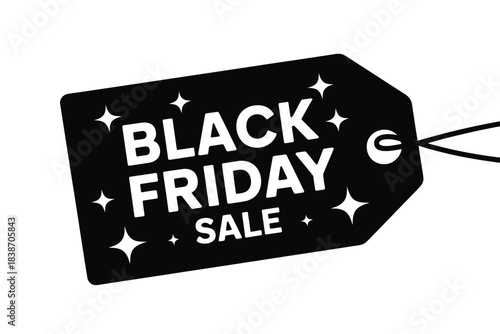 Black Friday sale tag with sparkling stars, announcing holiday shopping deals