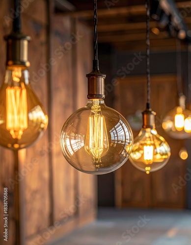 Vintage Edison light bulbs illuminate a rustic wooden interior, creating a warm and inviting ambiance with their glowing filaments and classic design.