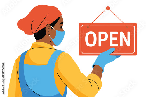 Person in protective gear hangs "Open" sign, welcoming customers back safely.