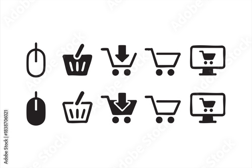 Ecommerce shopping cart and basket icon set for online retail platforms