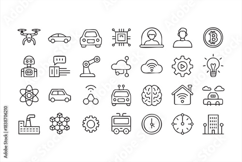 Cloud Computing, AI Intelligence, and Network System Symbols in Line Style
