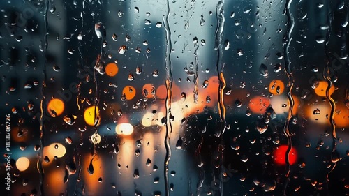 Raindrops on a window blurring city lights at night