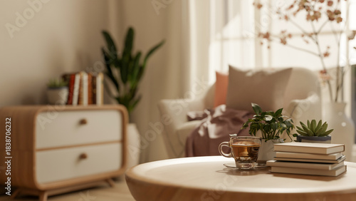 Fototapeta Naklejka Na Ścianę i Meble -  Coffee cup with books and pot plant on round wooden table across sofa and cabinet in the living room