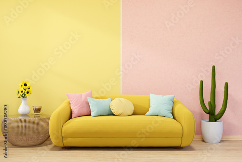 Fototapeta Naklejka Na Ścianę i Meble -  Sofa with colorful cushion aside cactus and sunflower vase on table pink and yellow wall living room