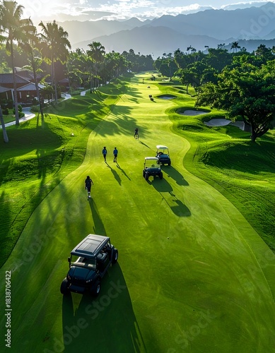Aerial view of golfers and golf carts on a lush green course with mountains in the background at sunset.