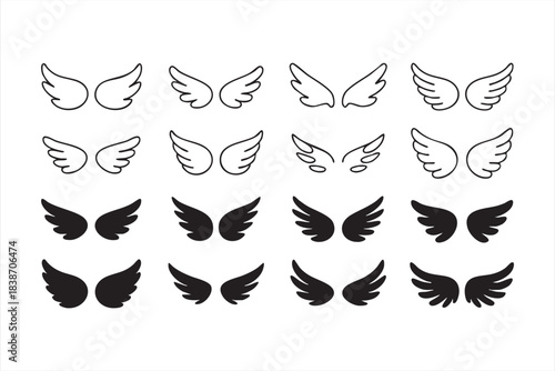 Angel Wing Icon Set with Outline and Solid Vector Designs