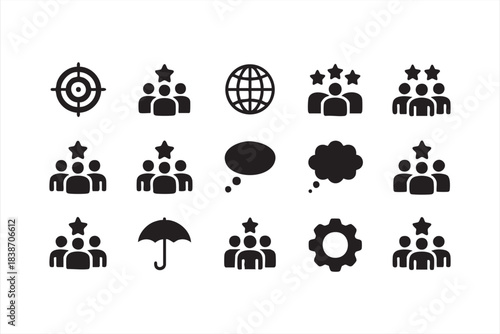Business Management Symbols Featuring Team Groups, Ratings, and Support Concepts