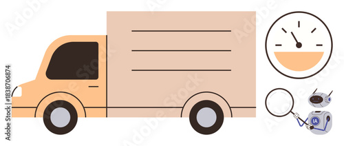 Large delivery truck with a speedometer, magnifying glass, and diagnostic equipment. Ideal for transportation, logistics, vehicle maintenance, speed, efficiency, diagnostics and fleet management