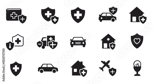 Black and white vector icons representing various types of insurance coverage