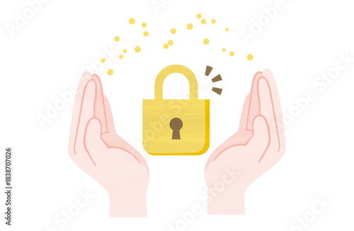 セキュリティをイメージした南京錠と両手のイラスト