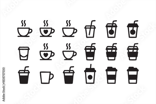 Minimal beverage icon set featuring hot coffee, iced drinks, takeaway cups, and café elements