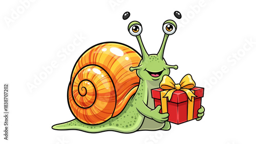 Cartoon snail with an orange shell holding a red and yellow gift box