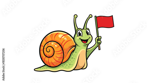 Cartoon snail with an orange shell holding a small red flag