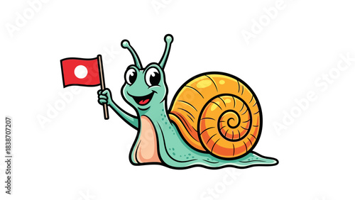 Cartoon snail with turquoise body and orange shell waving a red flag with a white circle