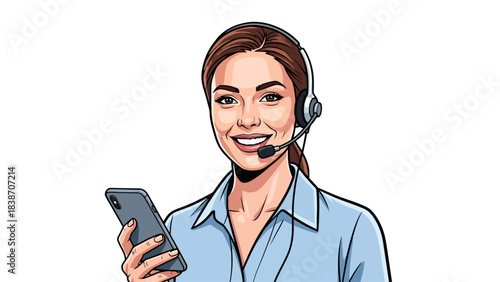 Cartoon woman wearing a headset and holding a smartphone smiling against white background