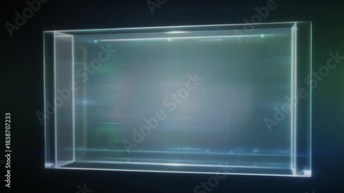 Futuristic transparent digital screen with glowing blue edges, an empty display frame on a dark background, ready for advanced holographic content, data visualization, or innovative technology