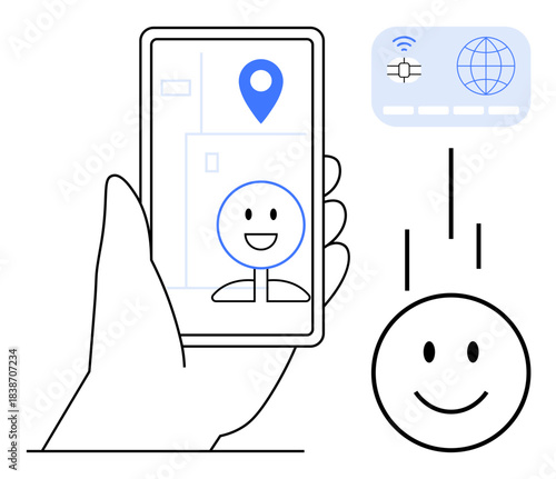 Digital identity concept. Digital identity secured with geolocation and digital icons for online verification. Digital identity for secure apps, fintech, mobile technology, online security, user
