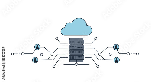 Cloud server connected to user icons via circuitlike lines