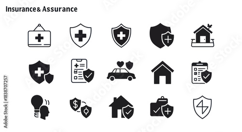 Collection of black and white insurance and assurance related icons arranged in three rows
