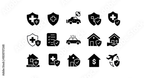 Collection of black and white insurance and protection icons