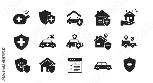 Collection of black and white insurance icons depicting shields vehicles and houses