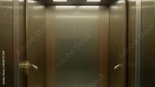 Sleek modern metallic elevator interior featuring closed reflective doors, suggesting a journey, ascent, or enclosed transport space within a contemporary building structure