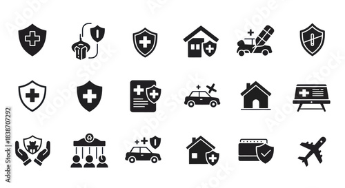 Collection of black and white insurance and protection icons arranged in three rows