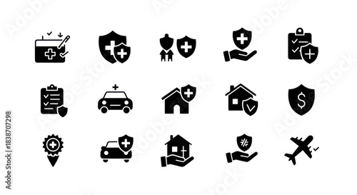 Collection of black and white insurance and protectionrelated icons