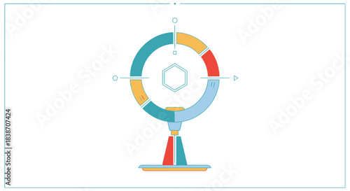 Abstract scientific or technological infographic with a central hexagon and segmented circular elements