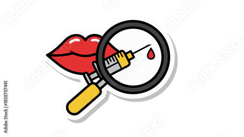 Red Lips Close Up Magnified By Syringe Droplet Of Red Liquid With Yellow Handle On White Background Clinical Aesthetic Procedure Examination