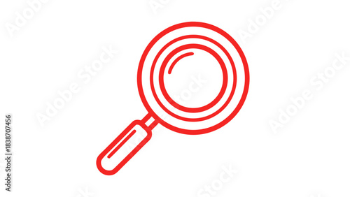 Red outline of a magnifying glass on a black background symbolizing search discovery and analysis in a minimalist graphic style