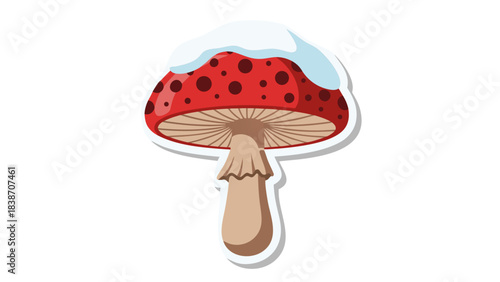 Red Mushroom With White Snow Cap And Brown Stem And Red Cap With White Dots On Black Background 