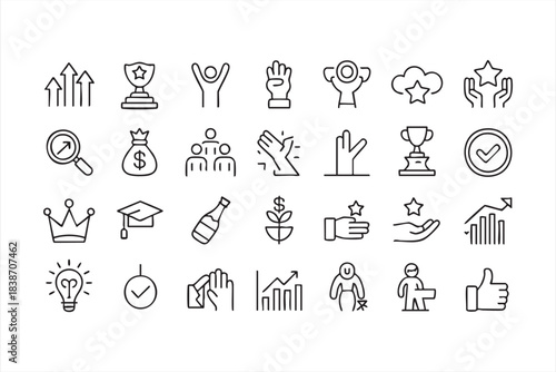 Reward and recognition line icons for performance dashboards, milestone tracking, and teamwork