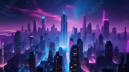 Symphony of electric neon glow illuminates a breathtaking futuristic cityscape, where towering architectural marvels pierce the twilight, creating a captivating vision of an advanced urban future