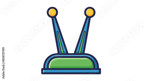 Retro futuristic antenna device with two blue antennas and green base on a black background pixel art style