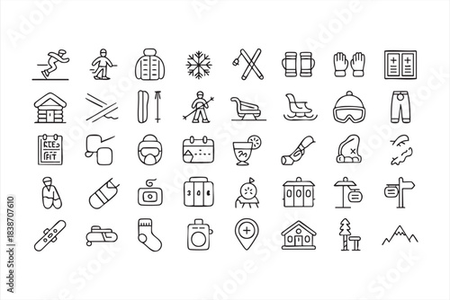 Alpine winter icons for ski resorts, cold-weather gear, slope navigation, and snow activities