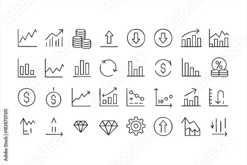 Financial chart icons for market analytics, investment tracking, revenue trends, and economic reports