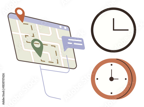 Tablet screen with a map, location pins, and speech bubble alongside two clocks. Ideal for travel, time management, planning, scheduling, logistics communication and coordination. Simple flat