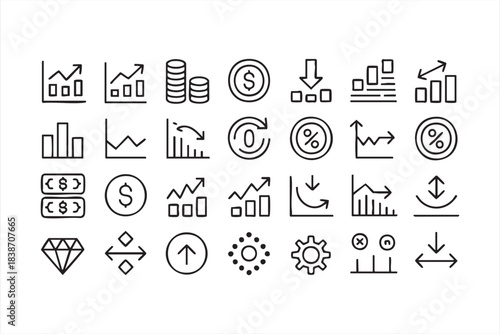 Economy and finance vector set featuring growth charts, decline symbols, money cycles, and data indicators