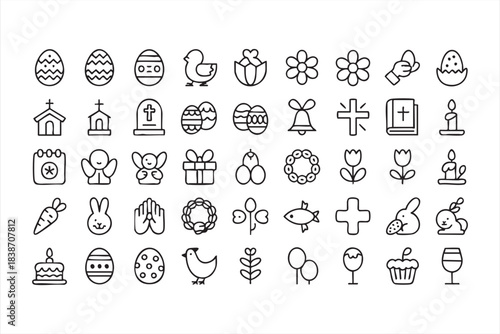 Minimal line Easter symbols featuring eggs, crosses, bunnies, flowers, candles, and spring elements