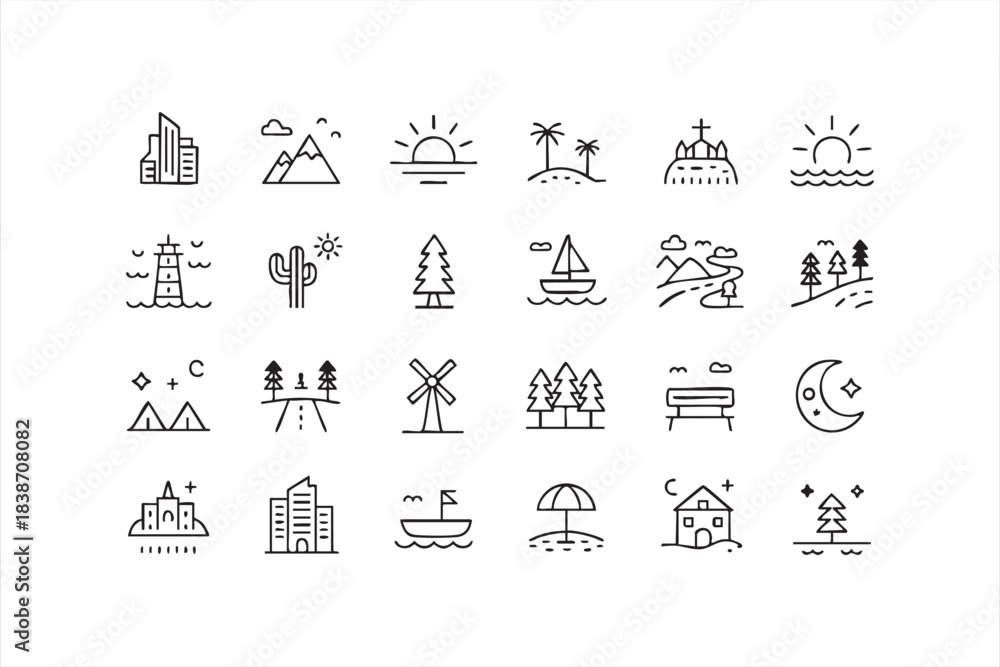 Fototapeta premium Scenic destination symbols for hiking maps, beach guides, mountain trips, and outdoor activity planners