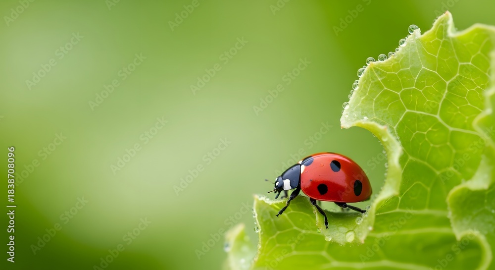 Obraz premium Vibrant red ladybug exploring a dewy green lettuce leaf, a close-up macro nature concept for organic farming and healthy environment
