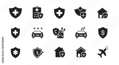 A collection of fifteen black silhouette icons related to insurance and protection