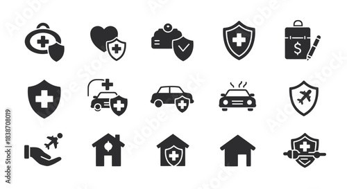 A collection of fifteen dark gray icons representing various types of insurance