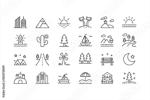 Nature and travel line icons for tourism apps, vacation planners, and scenic illustration design