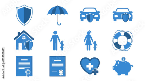 A collection of insurance icons depicting various aspects of protection, including family, home, vehicle, and health coverage