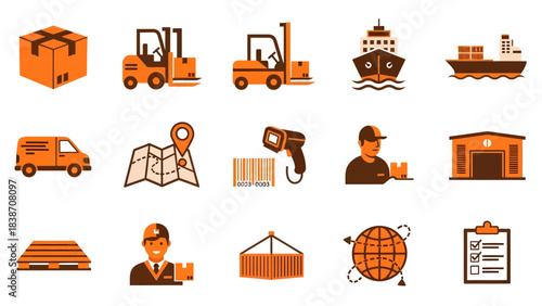 Logistics and delivery icons trucks, ship, forklift, cargo, map, scanner, warehouse, pallets, clipboard, and global shipping