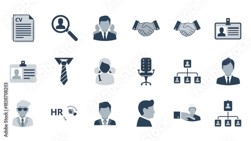 Business and Human Resources Icons Representing Employment, Teamwork, and Professionalism