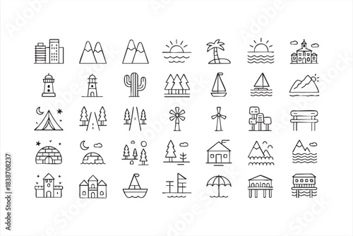 Travel and nature icon set for guides, route maps, destination layouts, and outdoor design assets